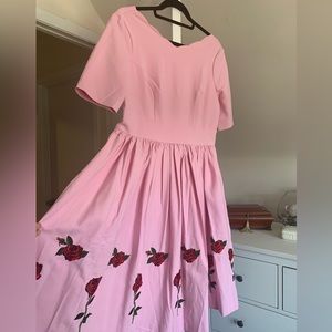 Hell Bunny Pink Fit-and-Flare Dress with Rose Embroidery
